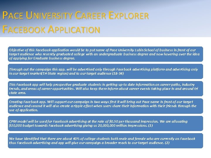 PACE UNIVERSITY CAREER EXPLORER FACEBOOK APPLICATION Objective of this Facebook application would be to