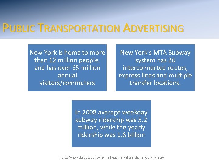 PUBLIC TRANSPORTATION ADVERTISING New York is home to more than 12 million people, and