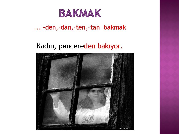 BAKMAK. . . –den, -dan, -ten, -tan bakmak Kadın, pencereden bakıyor. 