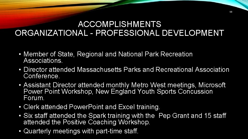 12 ACCOMPLISHMENTS ORGANIZATIONAL - PROFESSIONAL DEVELOPMENT • Member of State, Regional and National Park