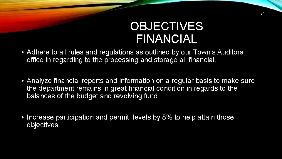 36 OBJECTIVES FINANCIAL • Adhere to all rules and regulations as outlined by our