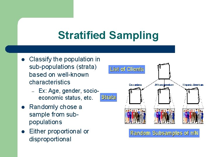 Stratified Sampling l Classify the population in sub-populations (strata) based on well-known characteristics –