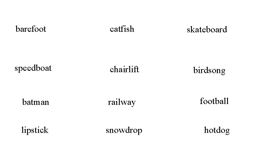barefoot catfish skateboard speedboat chairlift birdsong batman railway lipstick snowdrop football hotdog 