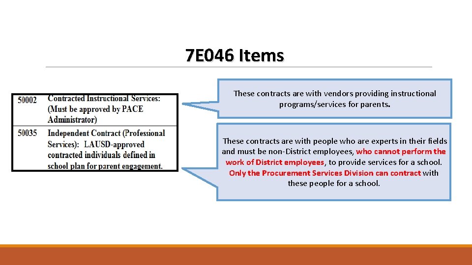 7 E 046 Items These contracts are with vendors providing instructional programs/services for parents.