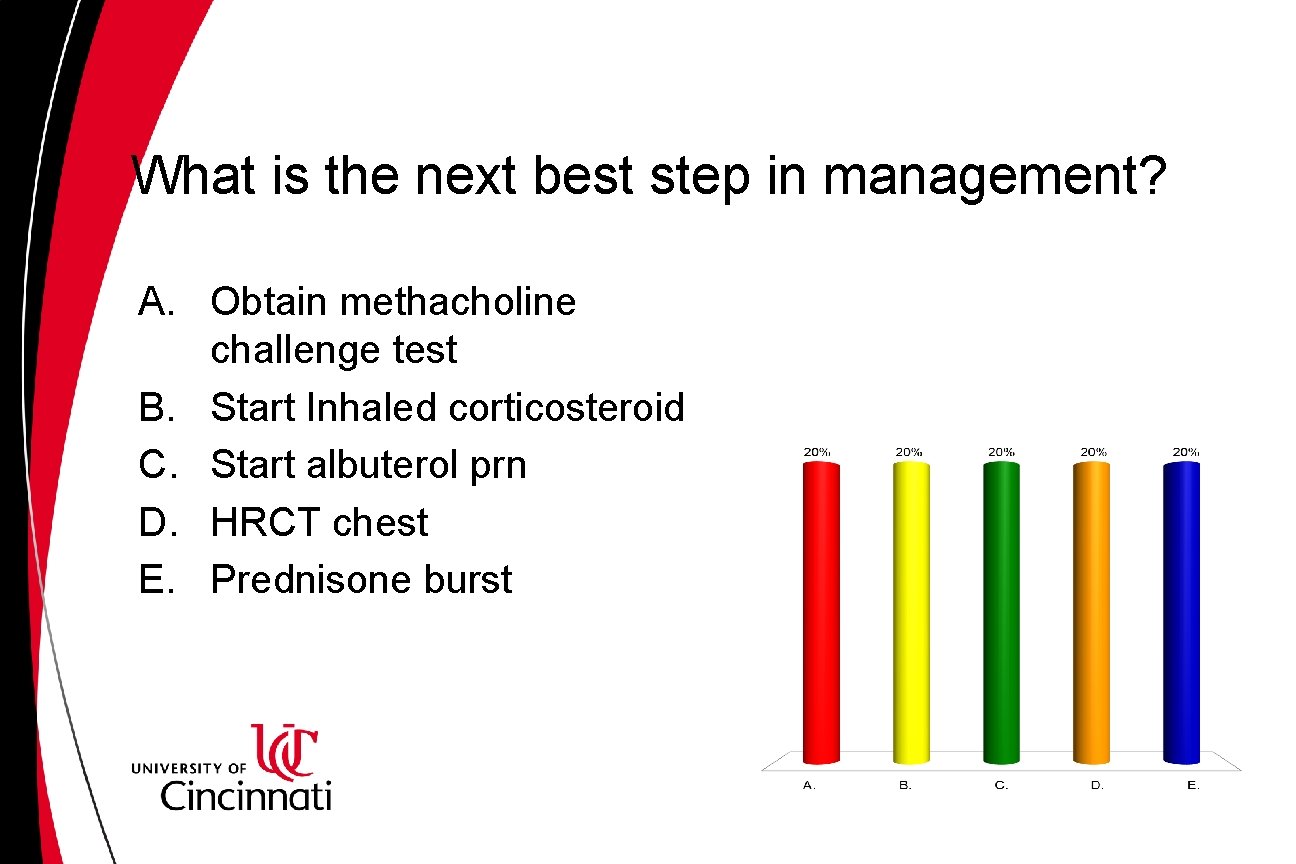 What is the next best step in management? A. Obtain methacholine challenge test B.
