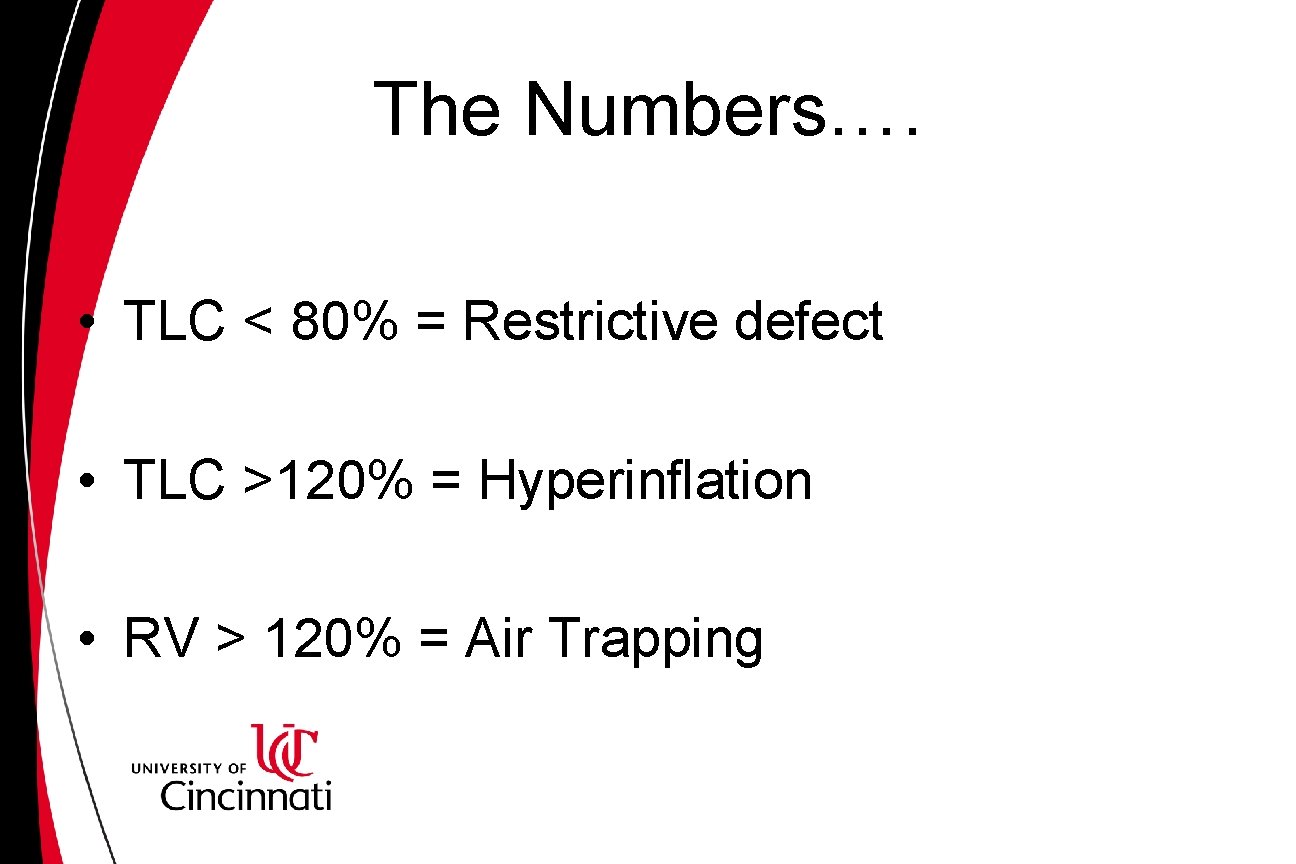 The Numbers…. • TLC < 80% = Restrictive defect • TLC >120% = Hyperinflation