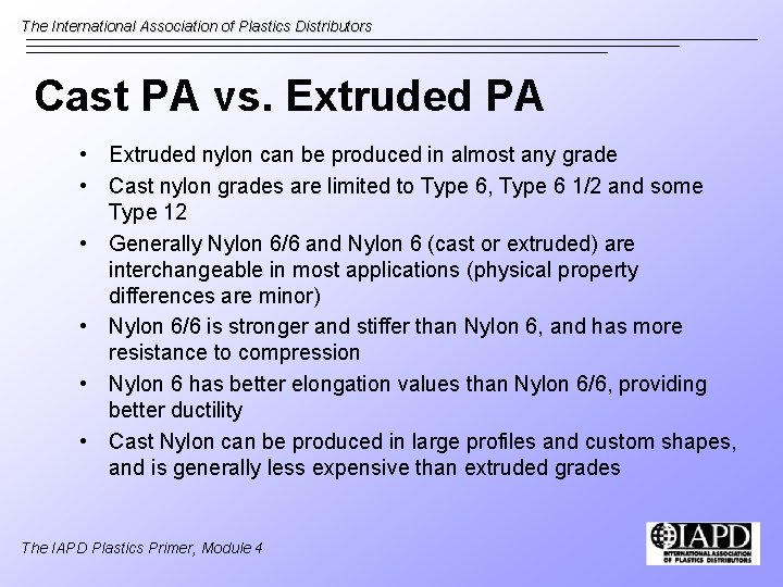 The International Association of Plastics Distributors Cast PA vs. Extruded PA • Extruded nylon