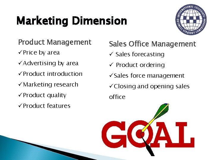 Marketing Dimension Product Management üPrice by area üAdvertising by area üProduct introduction üMarketing research