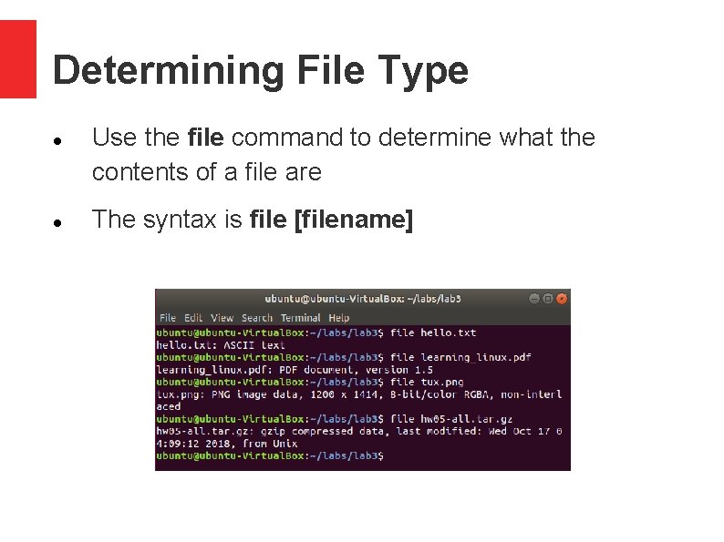 Determining File Type Use the file command to determine what the contents of a