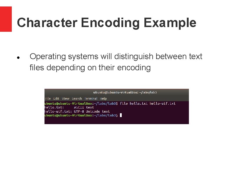 Character Encoding Example Operating systems will distinguish between text files depending on their encoding