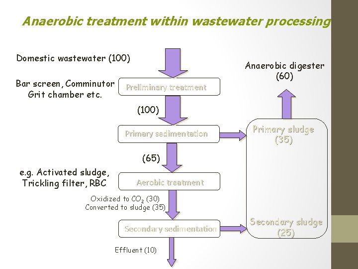 Anaerobic treatment within wastewater processing Domestic wastewater (100) Bar screen, Comminutor Grit chamber etc.