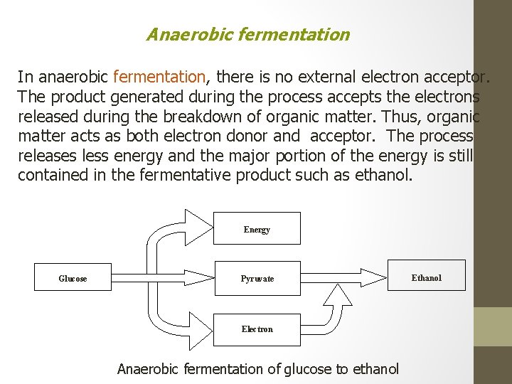 Anaerobic fermentation In anaerobic fermentation, there is no external electron acceptor. The product generated