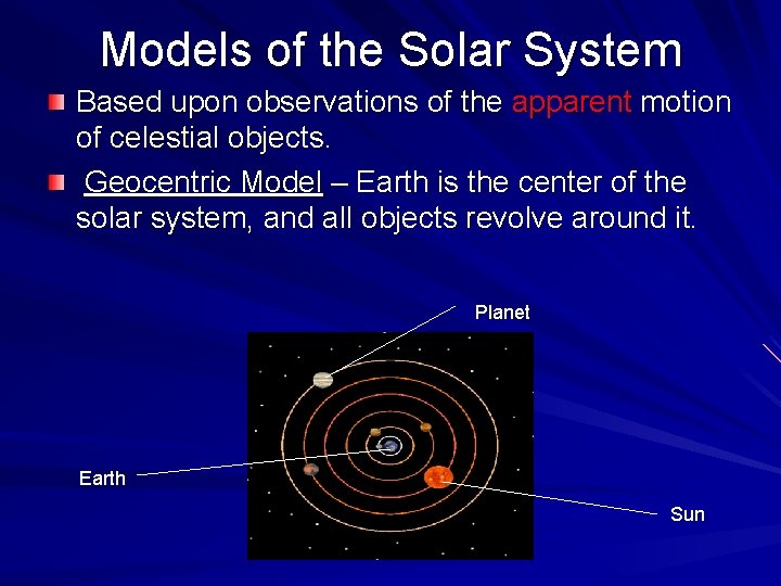 Models of the Solar System Based upon observations of the apparent motion of celestial