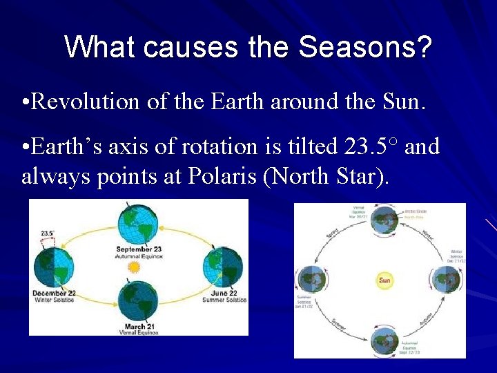 What causes the Seasons? • Revolution of the Earth around the Sun. • Earth’s