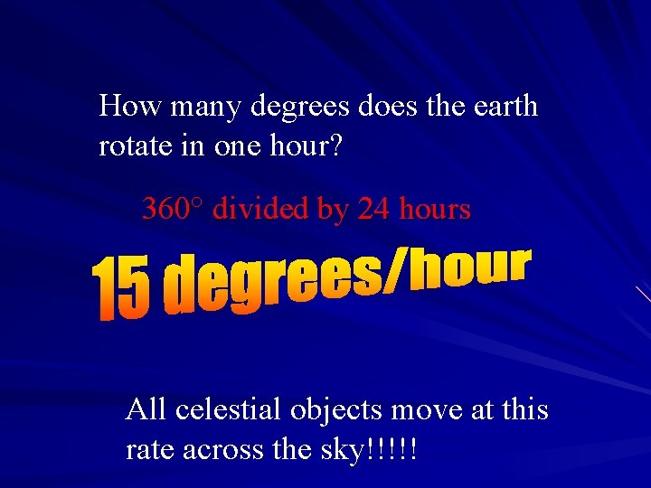 How many degrees does the earth rotate in one hour? 360° divided by 24