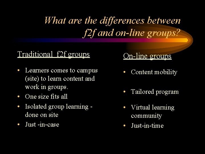 What are the differences between f 2 f and on-line groups? Traditional f 2