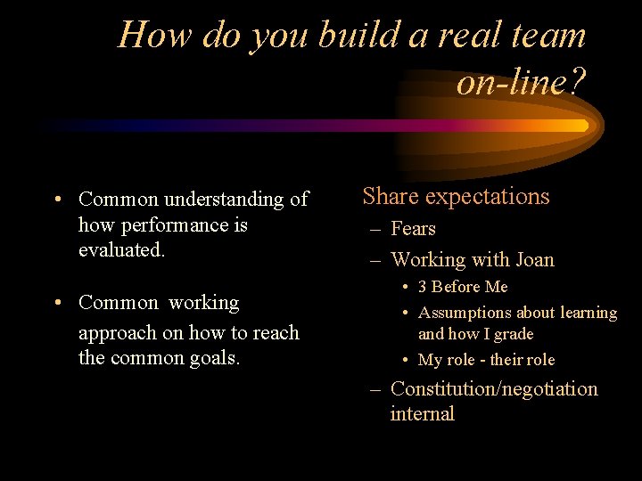 How do you build a real team on-line? • Common understanding of how performance