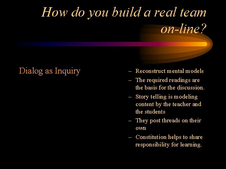 How do you build a real team on-line? Dialog as Inquiry – Reconstruct mental