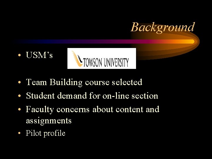 Background • USM’s • Team Building course selected • Student demand for on-line section