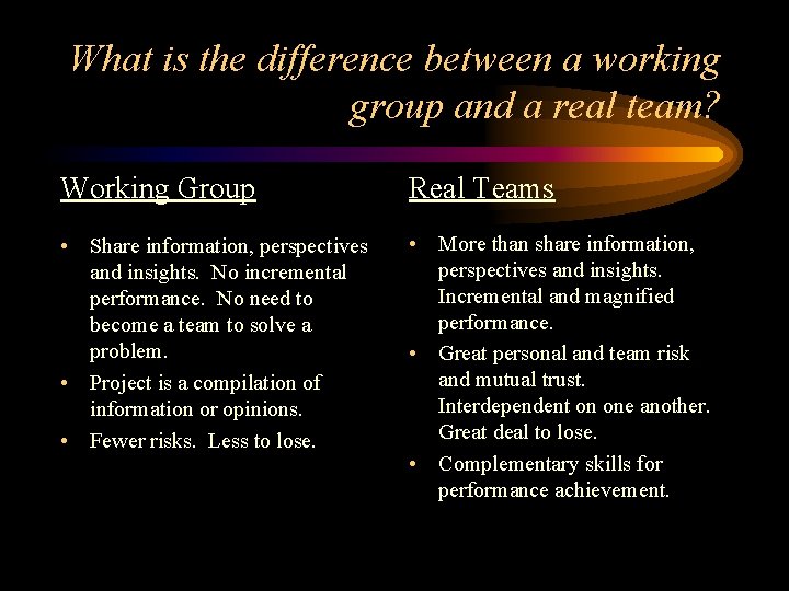 What is the difference between a working group and a real team? Working Group