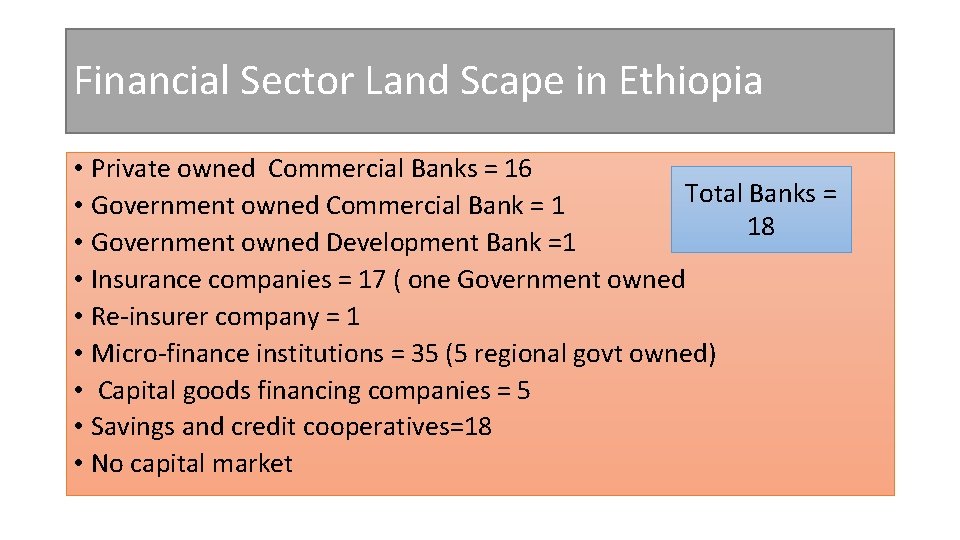 Financial Sector Land Scape in Ethiopia • Private owned Commercial Banks = 16 Total