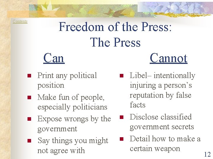 Contents n n Freedom of the Press: The Press Cannot Print any political position