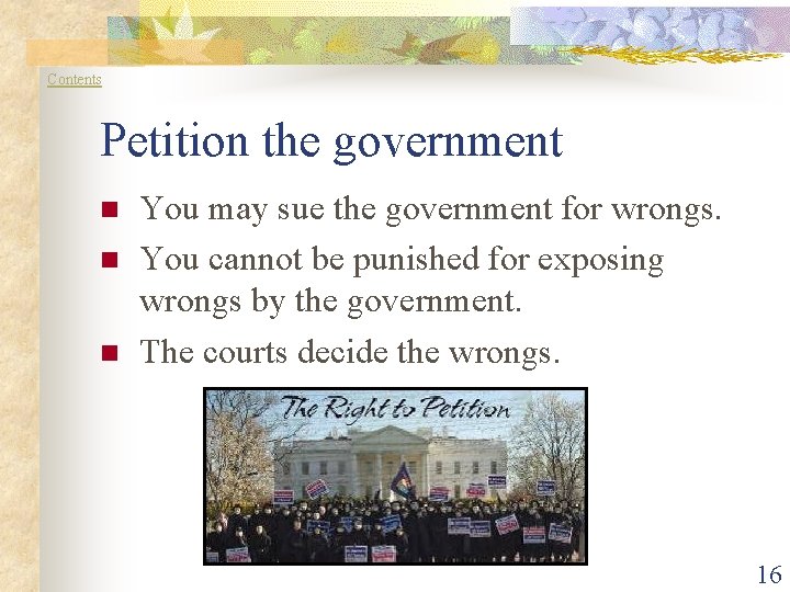 Contents Petition the government n n n You may sue the government for wrongs.