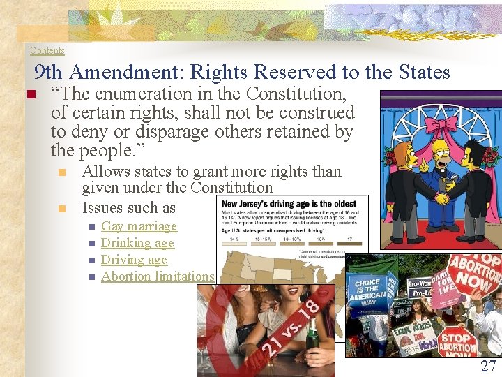 Contents 9 th Amendment: Rights Reserved to the States n “The enumeration in the