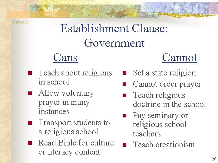 Contents n n Establishment Clause: Government Cans Cannot Teach about religions in school Allow