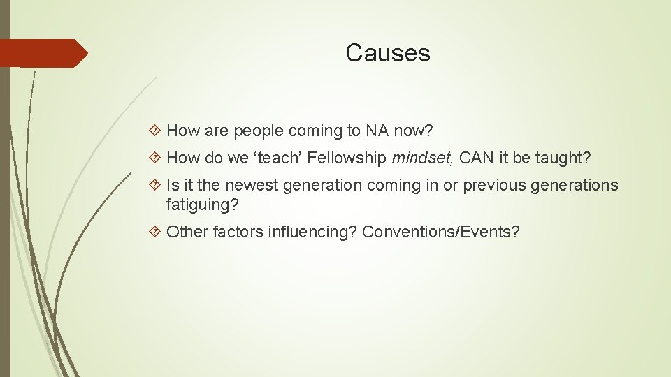 Causes How are people coming to NA now? How do we ‘teach’ Fellowship mindset,