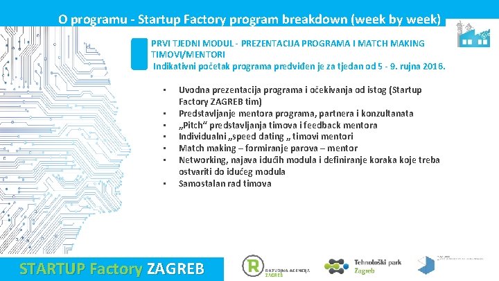 O programu - Startup Factory program breakdown (week by week) PRVI TJEDNI MODUL -