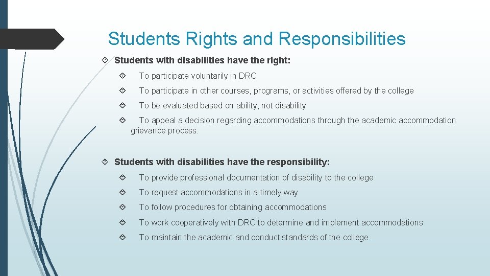 Students Rights and Responsibilities Students with disabilities have the right: To participate voluntarily in