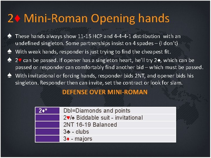 2♦ Mini-Roman Opening hands ♠ ♠ These hands always show 11 -15 HCP and