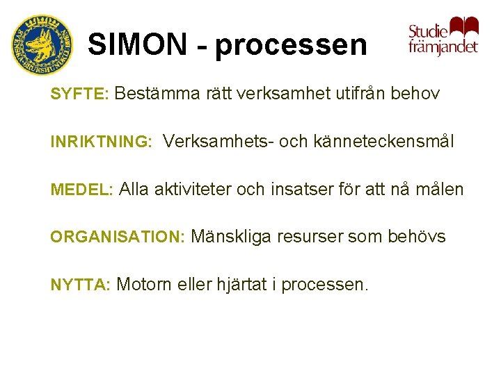 SIMON - processen SYFTE: Bestämma rätt verksamhet utifrån behov INRIKTNING: Verksamhets- och känneteckensmål MEDEL: