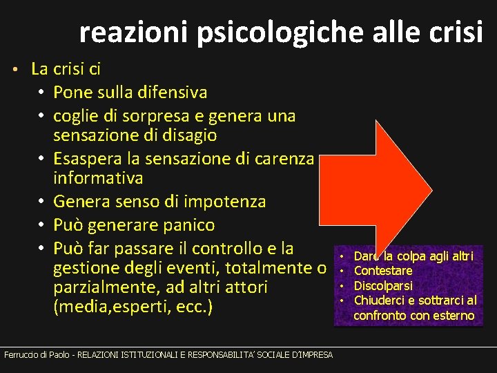 reazioni psicologiche alle crisi • La crisi ci • Pone sulla difensiva • coglie