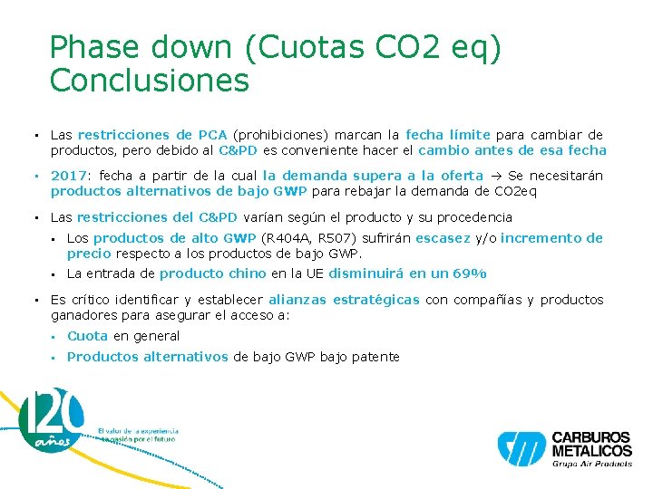 Phase down (Cuotas CO 2 eq) Conclusiones • Las restricciones de PCA (prohibiciones) marcan