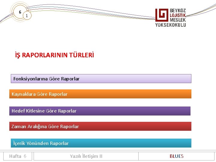 6 1 İŞ RAPORLARININ TÜRLERİ Fonksiyonlarına Göre Raporlar Kaynaklara Göre Raporlar Hedef Kitlesine Göre