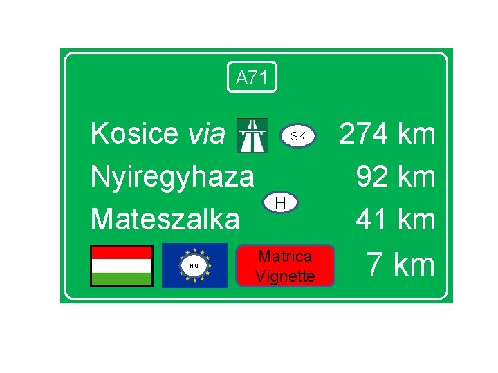 A 71 Kosice via Nyiregyhaza Mateszalka HU SK H Matrica Vignette 274 km 92