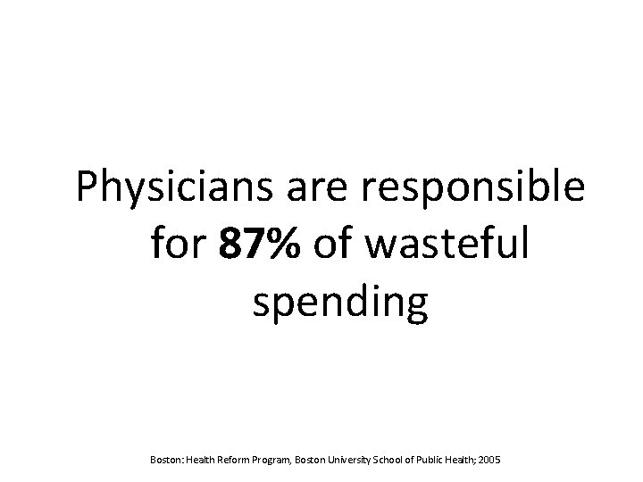Physicians are responsible for 87% of wasteful spending Boston: Health Reform Program, Boston University