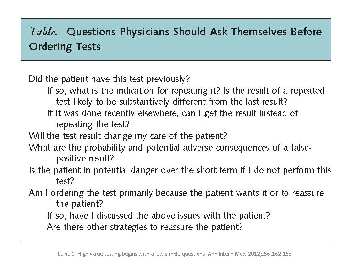 Laine C. High-value testing begins with a few simple questions. Ann Intern Med. 2012;