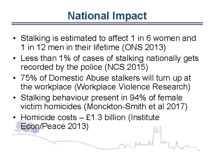 National Impact • Stalking is estimated to affect 1 in 6 women and 1