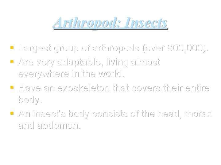 Arthropod: Insects § Largest group of arthropods (over 800, 000). § Are very adaptable,