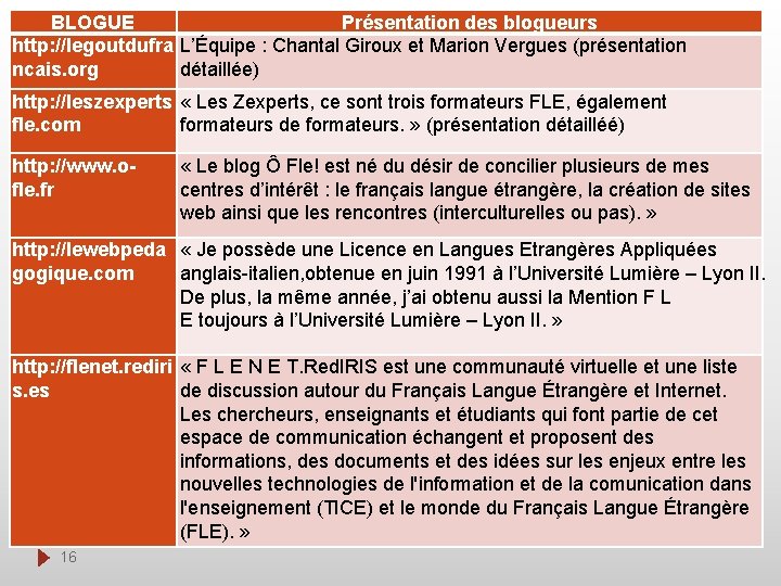 BLOGUE Présentation des blogueurs http: //legoutdufra L’Équipe : Chantal Giroux et Marion Vergues (présentation