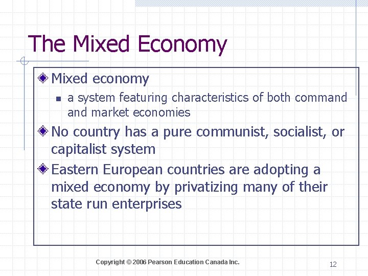The Mixed Economy Mixed economy n a system featuring characteristics of both command market