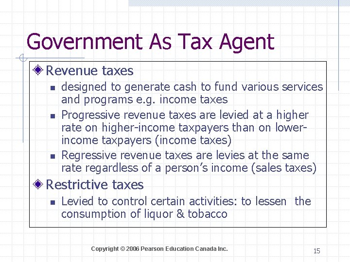 Government As Tax Agent Revenue taxes n n n designed to generate cash to