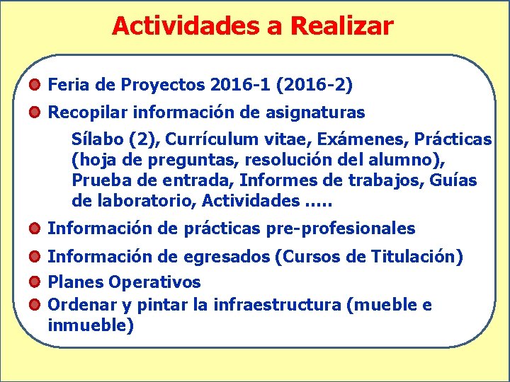 Actividades a Realizar Feria de Proyectos 2016 -1 (2016 -2) Recopilar información de asignaturas