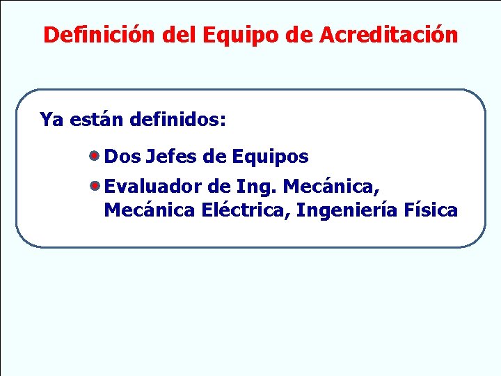 Definición del Equipo de Acreditación Ya están definidos: Dos Jefes de Equipos Evaluador de