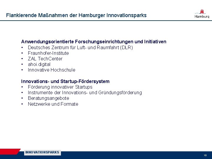 Flankierende Maßnahmen der Hamburger Innovationsparks Anwendungsorientierte Forschungseinrichtungen und Initiativen • Deutsches Zentrum für Luft-