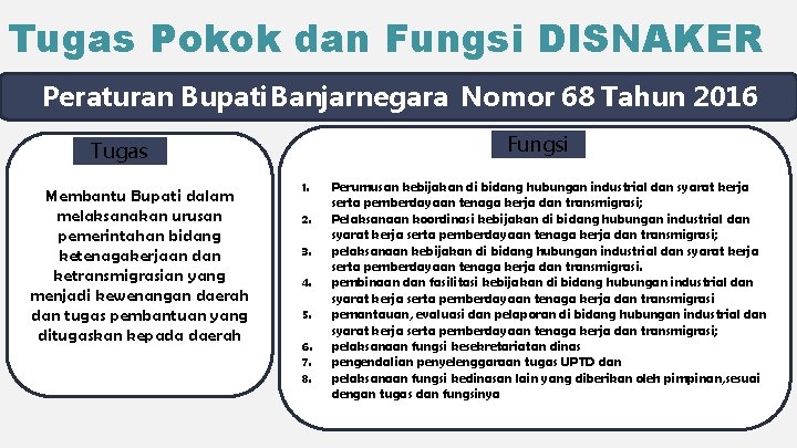 Tugas Pokok dan Fungsi DISNAKER Peraturan Bupati Banjarnegara Nomor 68 Tahun 2016 Fungsi Tugas