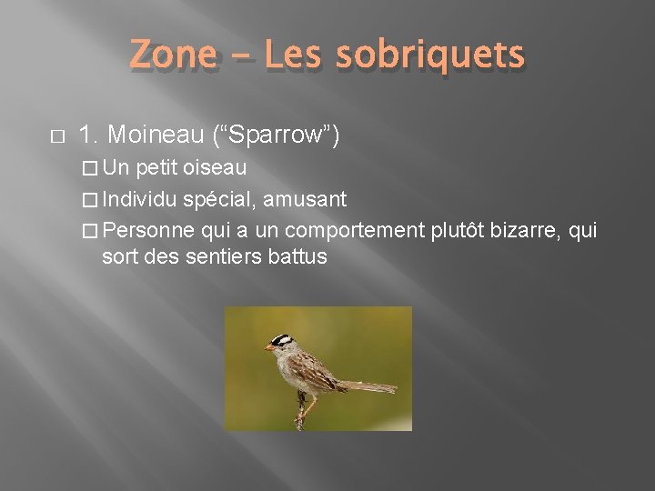 Zone - Les sobriquets � 1. Moineau (“Sparrow”) � Un petit oiseau � Individu